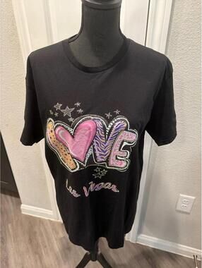Black 'LOVE Las Vegas' Graphic T-Shirt with Rhinestone Accents Size L